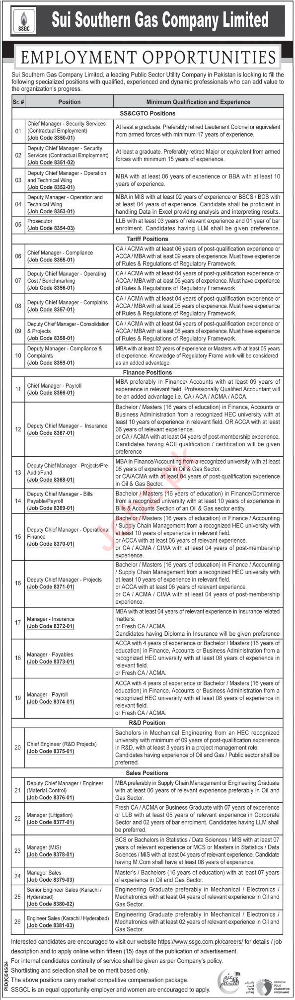 Lateset Jobs Vacancies in Sui Southern Gas Company Limited SSGC Pakistan