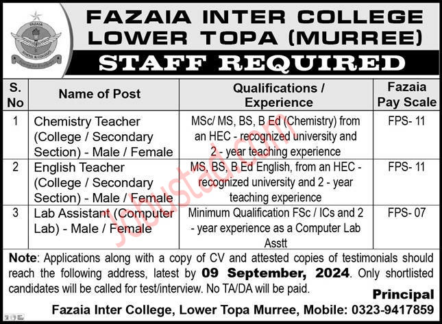 Join PAF Latest Job Advertisement Fozia Inter College 2024 Online Apply