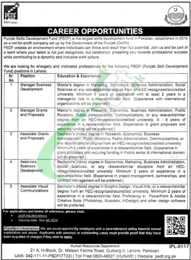 Punjab Skills Development Fund PSDF Latest Jobs 2024