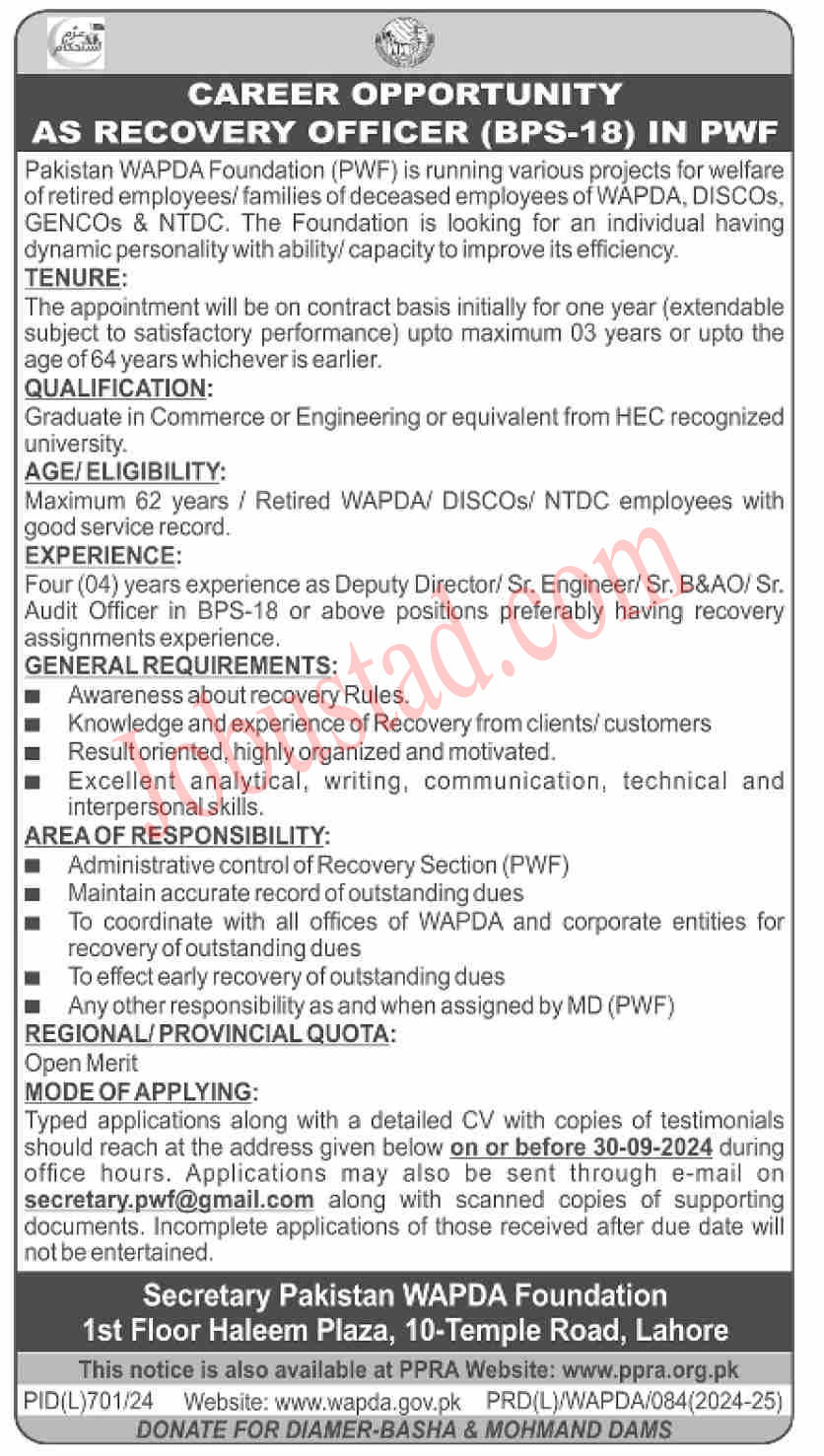 Wapda Foundation Latest Job Advertisement 2024 Online Apply