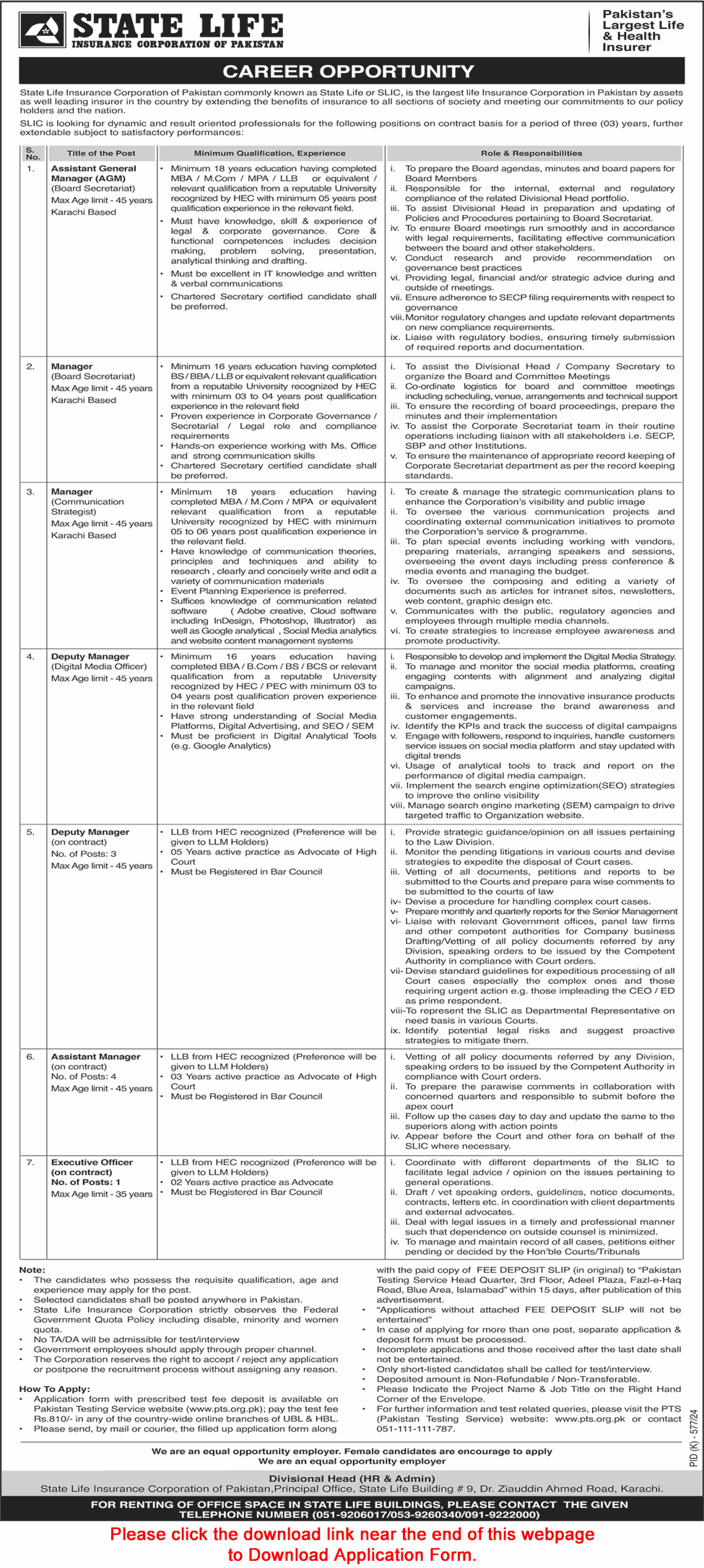 State Life Insurance Corporationn of pakistan New Jobs 2024